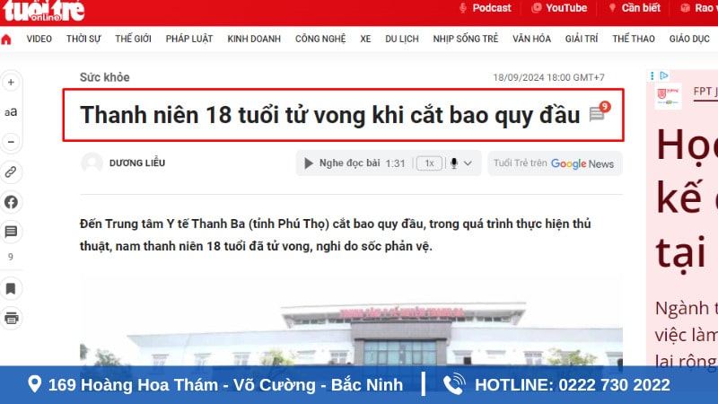 Nam thiên niên tử vọng khi cắt bao quy đầu tại cơ sở thiếu uy tín